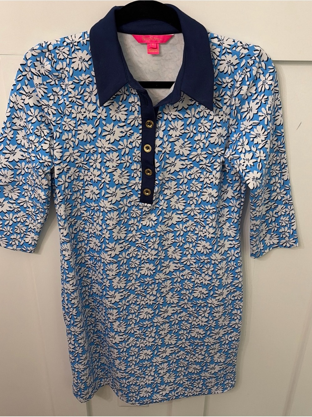 Women’s Blue Floral Polo Dress with Navy Collar-Lilly Pulitzer Ainslee Dress